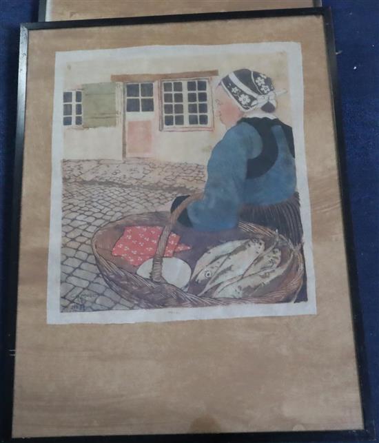 Carl Moser (1873-1939), three woodcuts in colours on thin Japan paper Breton fisherwoman and Spanish girl